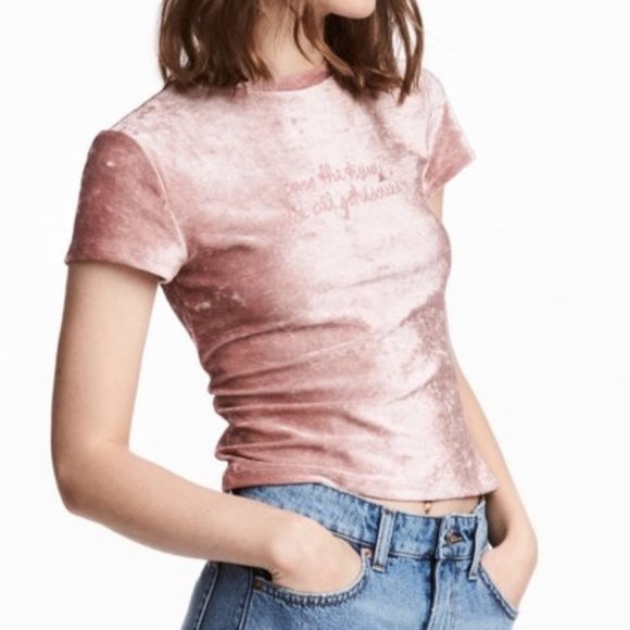 H&M Tops - H&M Pink Velvet Semi Cropped Short Sleeve Top